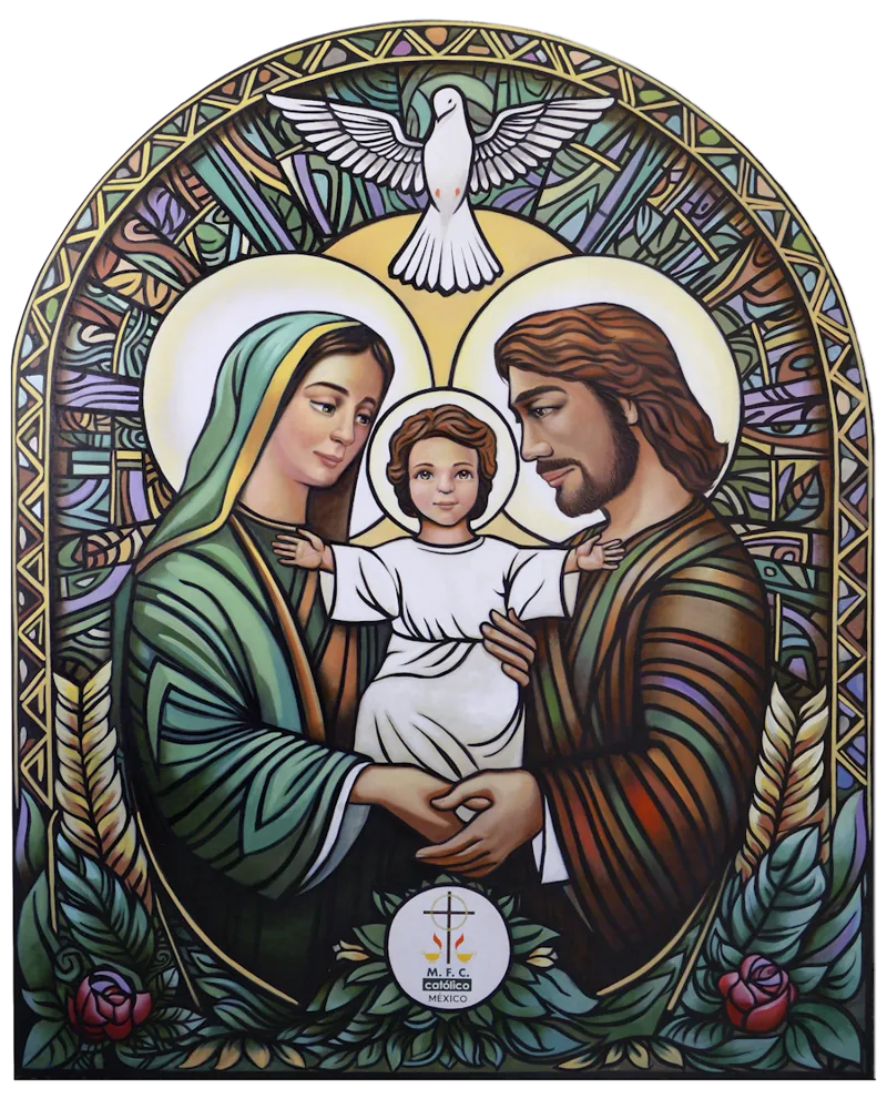 Vitral de la Sagrada Familia: María, José y el Niño Jesús bajo el Espíritu Santo